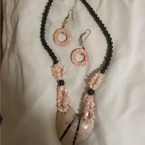 Vintage 80’ Painted Mother Of Pearl Necklace And Earrings
